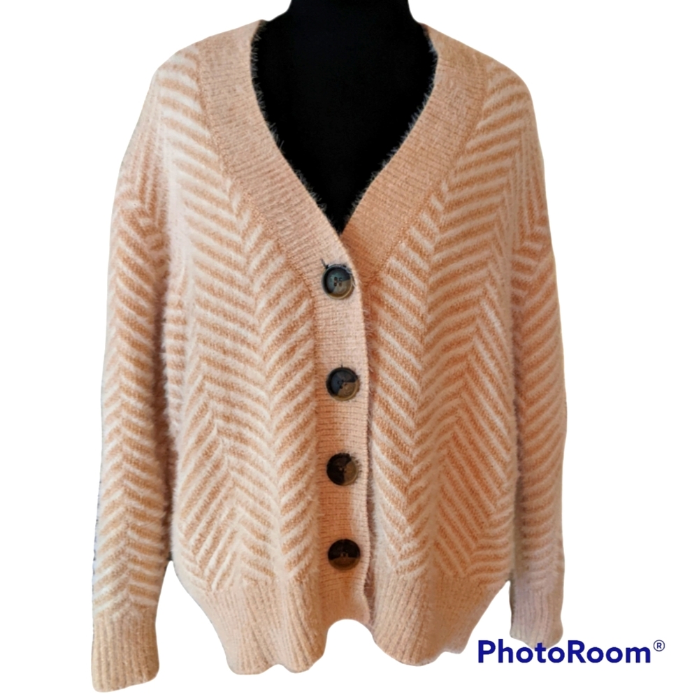 Select + Trend Cardigan Sweater Chevron Large Buttons Medium Fuzzy Warm